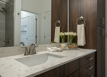 a bathroom with a sink and a mirror  at The Clearing at ONE28, Olathe, 66062